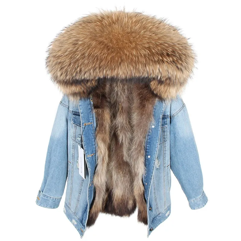 Women's Winter Casual Thick Denim Parka With Raccoon Fur