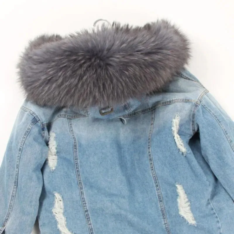 Women's Winter Casual Thick Denim Parka With Raccoon Fur