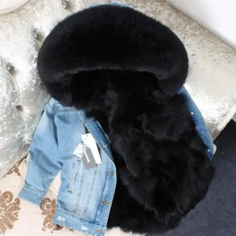 Women's Winter Casual Thick Denim Parka With Raccoon Fur