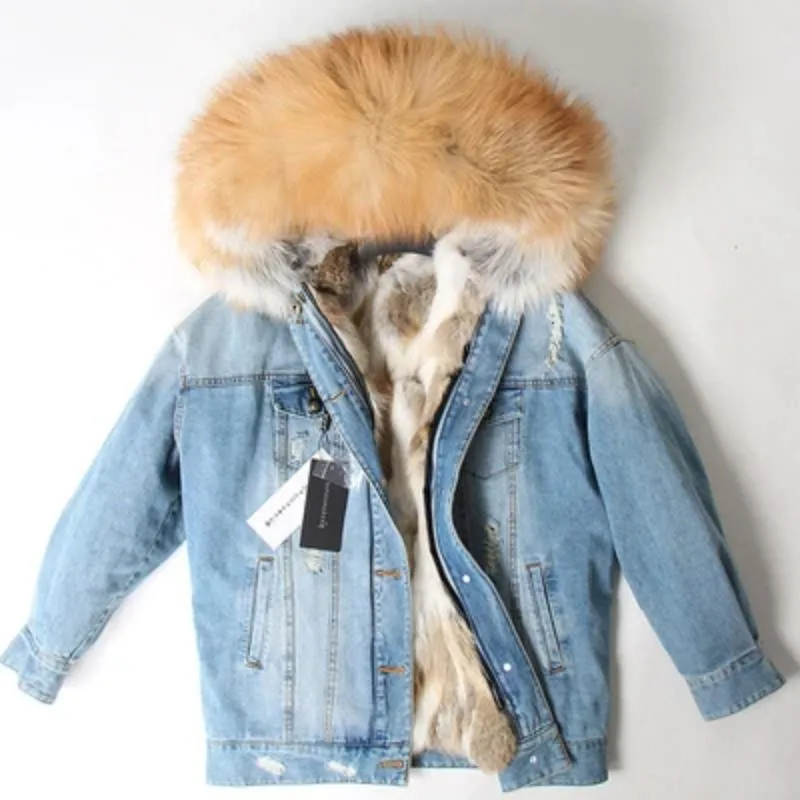 Women's Winter Casual Thick Denim Parka With Raccoon Fur