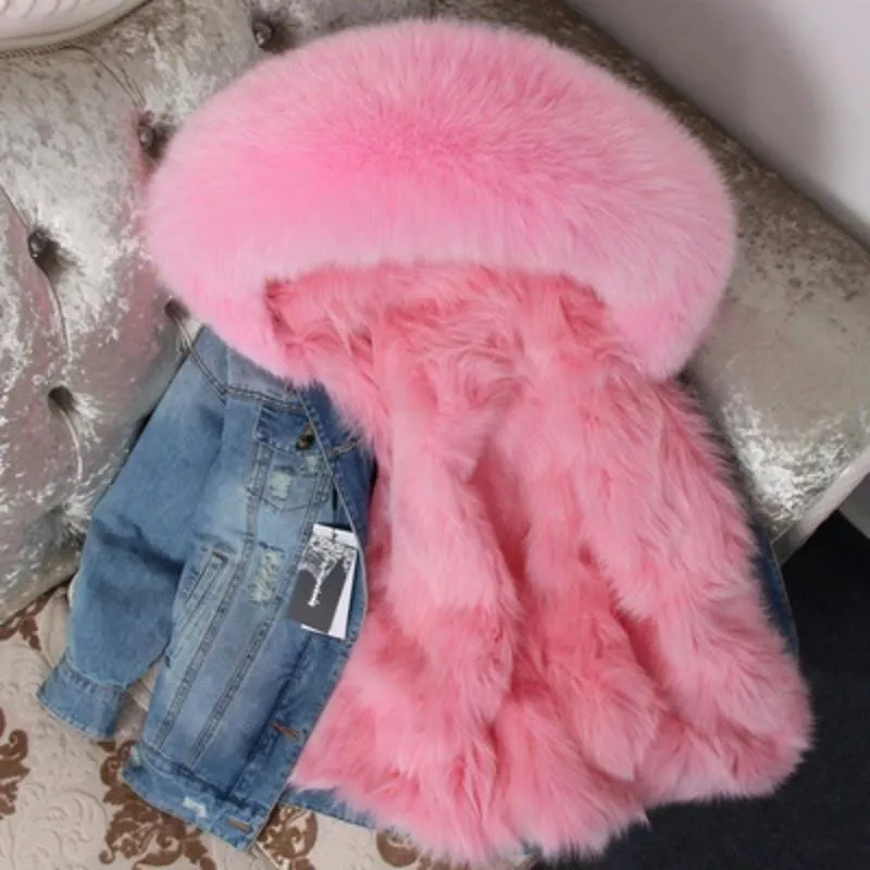 Women's Winter Casual Thick Denim Parka With Raccoon Fur