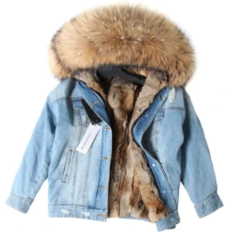 Women's Winter Casual Thick Denim Parka With Raccoon Fur